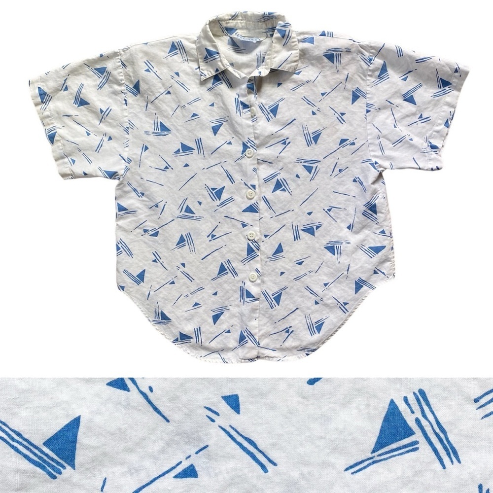 Vintage 1980s Color Cues Abstract Geometric Sailboat Summer Fun Button Down Top
